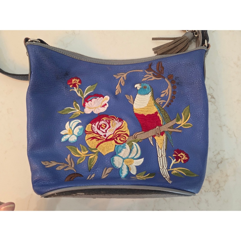 Sharif Crossbody Bag Medium Blue Embroidered Parrot Floral Tassel Leather